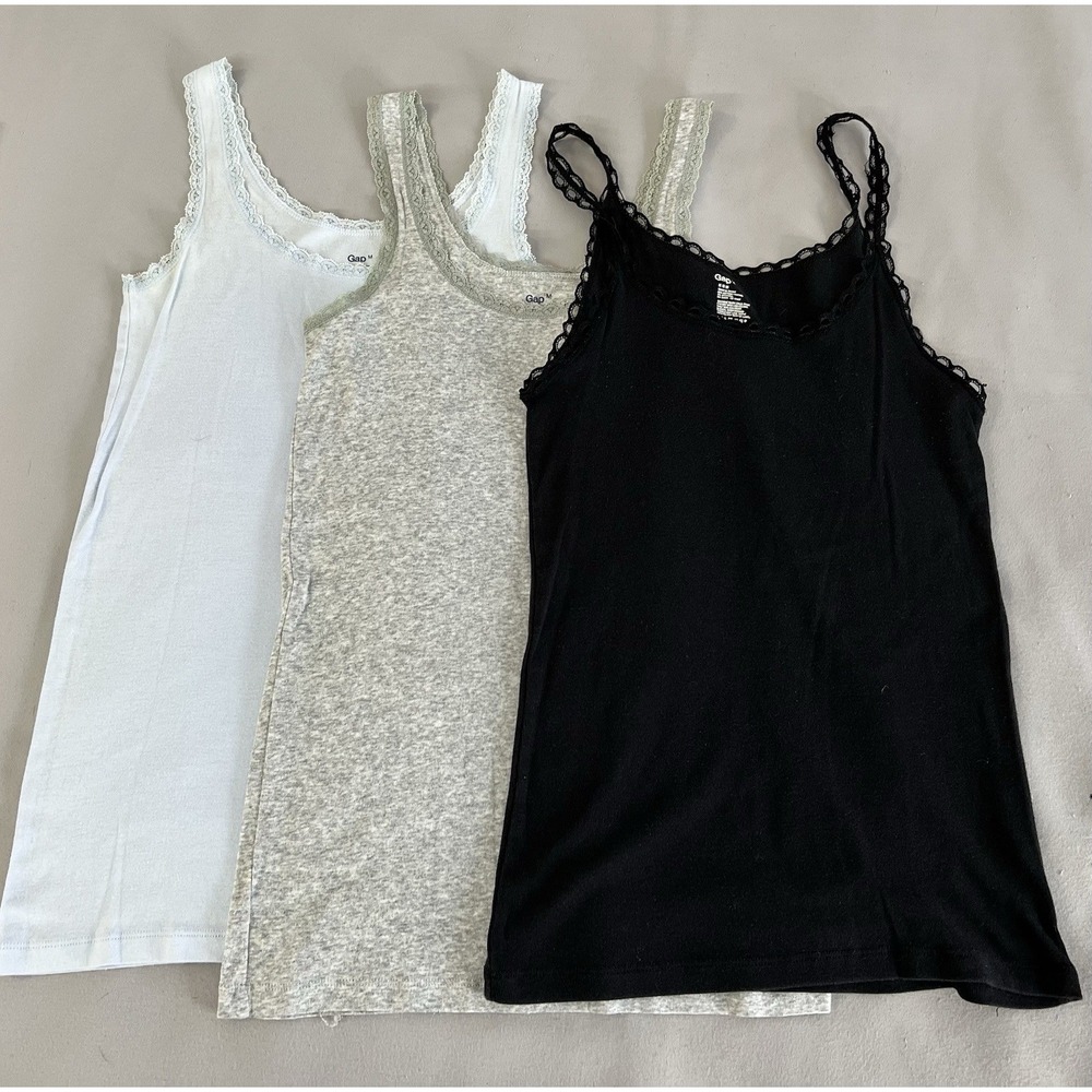GAP Women's Sz Medium Tank Top Lace Details Stretch Black Blue Gray LOT OF 3